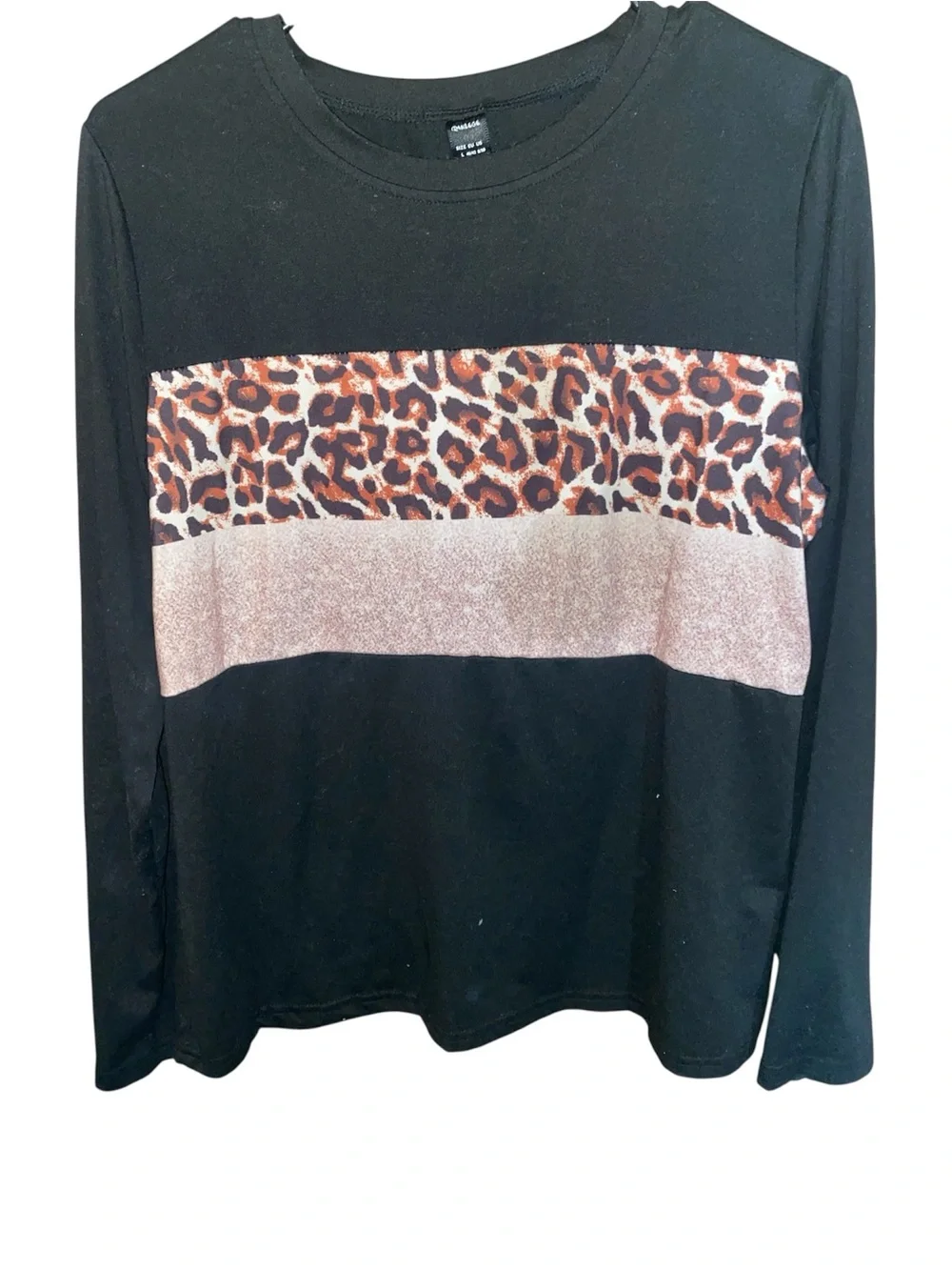 Women Black Leopard Print Crew Neck T-shirt Casual Long Sleeve NEW SZ L - Picture 2 of 6
